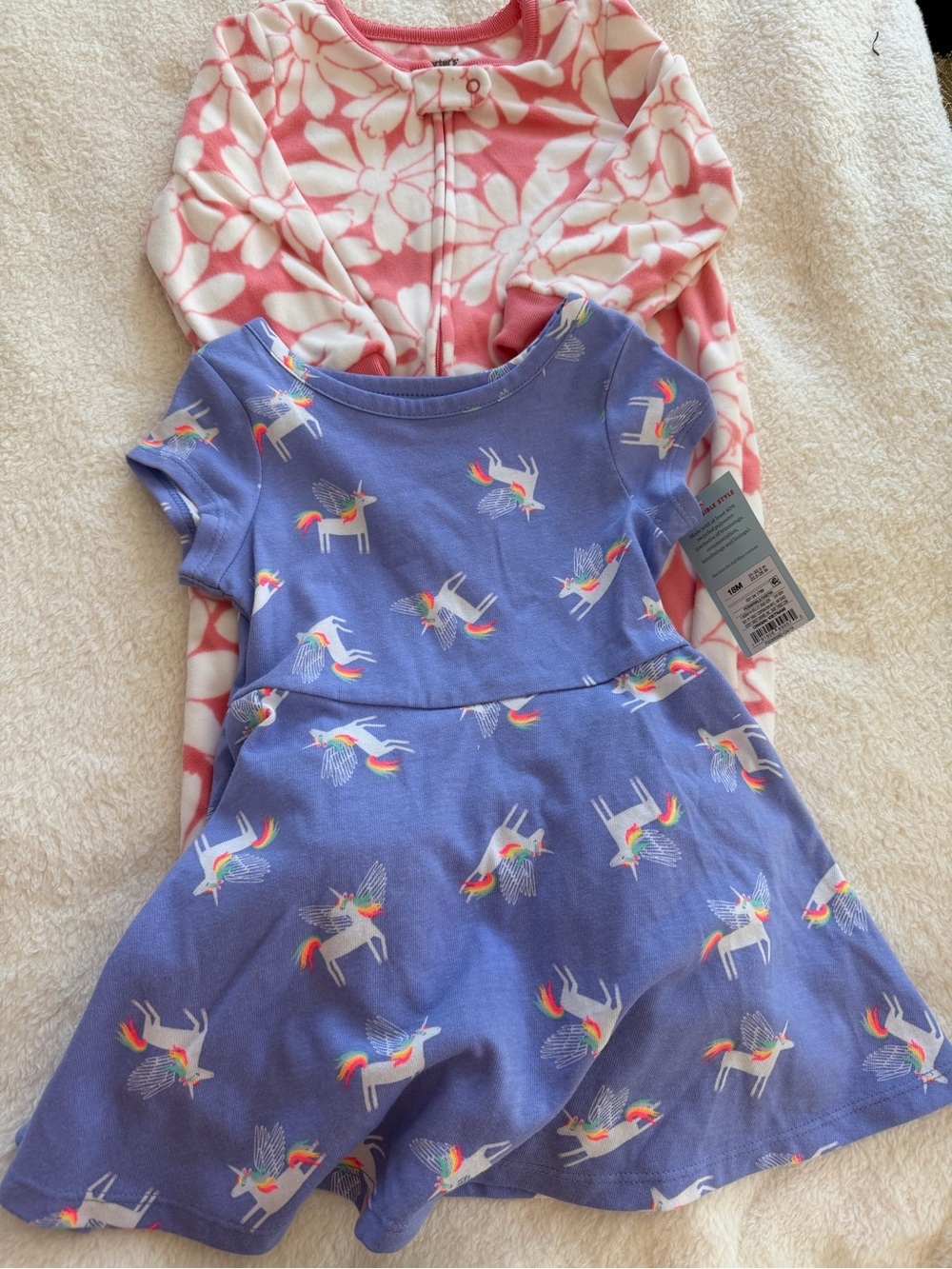 NWT Bundle 2PIECES Cat & Jack Purple Unicorn Dress + Cater’s Fleece Pajamas 18M